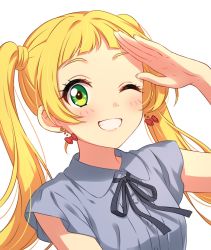 Rule 34 | 1girl, :d, aikatsu! (series), aikatsu friends!, black ribbon, blonde hair, bow, bow earrings, collared shirt, dot nose, earrings, green eyes, grey shirt, hand up, highres, hinata ema (aikatsu friends!), jewelry, long hair, looking at viewer, neck ribbon, one eye closed, open mouth, red bow, ribbon, salute, sekina, shirt, short sleeves, simple background, smile, solo, twintails, upper body, white background, wing collar