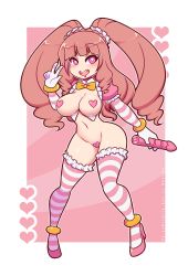 Rule 34 | 1girl, breasts, brown hair, dildo, heart, heart-shaped pupils, high heels, highres, large breasts, long hair, maebari, original, pasties, pink eyes, re-sublimity-kun, sex toy, solo, striped clothes, striped thighhighs, symbol-shaped pupils, thighhighs, twintails, very long hair, vibrator