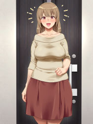 Rule 34 | 1girl, arm at side, blush, breasts, breasts apart, brown hair, door, female focus, hand up, highres, indoors, large breasts, legs, looking at viewer, medium hair, nose blush, open mouth, original, puffy areolae, red eyes, red skirt, shikuta maru, skirt, sleeves rolled up, solo, standing, teryouri wo itadaita ato wa ore ga taberareru?, thighs