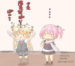 Rule 34 | &gt;:&lt;, &gt; &lt;, 10s, 2015, 2girls, :&lt;, :d, alternate costume, blonde hair, chibi, closed eyes, closed mouth, cosplay, costume switch, dated, expressive hair, gloves, hair flaps, hair ornament, hair ribbon, hairclip, kantai collection, long hair, multiple girls, neckerchief, open mouth, pink hair, pleated skirt, red neckerchief, ribbon, scarf, school uniform, serafuku, shiranui (kancolle), shiranui (kancolle) (cosplay), short ponytail, signature, skirt, smile, taisa (kari), translation request, twitter username, v-shaped eyebrows, white scarf, xd, yuudachi (kancolle), yuudachi (kancolle) (cosplay)