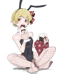 Rule 34 | animal ears, bare shoulders, black hairband, black leotard, blonde hair, collarbone, detached collar, eating, fake animal ears, feet, fishnet legwear, fishnets, food, frogsnake, hairband, handkerchief, highleg, highleg leotard, holding, holding food, leotard, looking at viewer, nail polish, no shoes, onigiri, open mouth, pantyhose, playboy bunny, rabbit ears, red eyes, red nails, rumia, sharp teeth, short hair, simple background, soles, strapless, strapless leotard, teeth, toes, touhou, white background, wrist cuffs