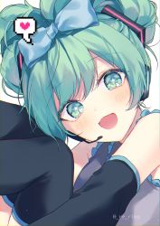 Rule 34 | 1girl, :d, bare shoulders, black sleeves, black thighhighs, blue bow, blush, bow, character name, cinnamiku, collared shirt, commentary request, english text, feet out of frame, frilled shirt, frilled shirt collar, frills, green eyes, green hair, grey shirt, hair bow, hatsune miku, head tilt, headset, instagram, long sleeves, looking at viewer, open mouth, shirt, silltare, simple background, sleeveless, sleeveless shirt, smile, solo, thighhighs, vocaloid, white background