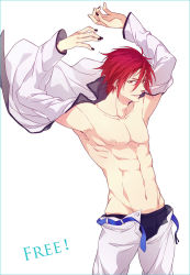 Rule 34 | 10s, 1boy, black male underwear, free!, groin, male focus, male underwear, male underwear peek, matsuoka rin, open clothes, open shirt, red eyes, red hair, sara666, shirt, solo, underwear, underwear peek