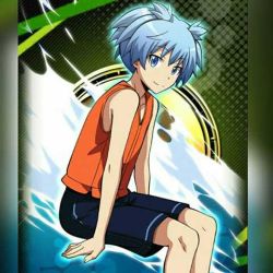 Rule 34 | 1boy, androgynous, ansatsu kyoushitsu, bare arms, bare shoulders, black shorts, blue eyes, blue hair, closed mouth, collarbone, from side, looking at viewer, looking to the side, lowres, male focus, orange vest, shiota nagisa, short twintails, shorts, sitting, smile, solo, twintails, vest, water