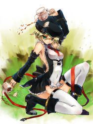 Rule 34 | 1girl, adapted costume, alternate costume, arc system works, beret, blazblue, blonde hair, boots, cup, detached sleeves, dual wielding, frills, gond, green eyes, hat, holding, maid, noel vermillion, short hair, solo, squatting, teacup, teapot, thighhighs, white thighhighs