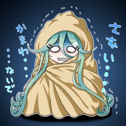 Rule 34 | 10s, 1girl, blanket, clenched teeth, cold, commentary request, gloom (expression), gradient background, green hair, hair between eyes, hair ornament, hairclip, kantai collection, long hair, looking at viewer, o o, outline, simple background, solo, teeth, tk8d32, translation request, trembling, under covers, white outline, yamakaze (kancolle)