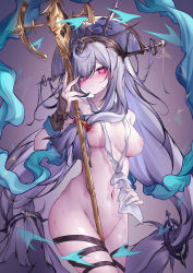 Rule 34 | 1girl, absurdres, angelfish, arknights, arm guards, blush, breasts, closed mouth, collarbone, cowboy shot, fish, front ponytail, gradient background, grey hair, grey headwear, groin, hair between eyes, heart, heart-shaped pupils, highres, holding, holding staff, long hair, looking at viewer, looking back, low-tied long hair, medium breasts, navel, nipples, nude, pink background, qinshi-ji, red eyes, shawl, skadi (arknights), skadi the corrupting heart (arknights), skadi the corrupting heart (sublimation) (arknights), solo, staff, stomach, symbol-shaped pupils, thigh strap, very long hair