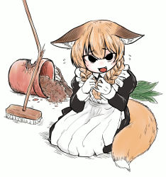 Rule 34 | 1girl, :d, animal ears, apron, black dress, black eyes, blonde hair, braid, danbou kigu, dress, ears down, female focus, flying sweatdrops, fox ears, fox girl, fox tail, highres, looking at viewer, maid, maid apron, mop, nervous, open mouth, original, plant, playing with own hair, pot, potted plant, simple background, sitting, smile, solo, tail, twin braids, white background