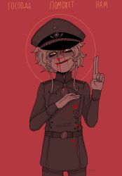 Rule 34 | 10s, 1girl, 2017, artist name, belt, bleeding, blonde hair, blood, blood in mouth, blood on clothes, blood on face, cross, curly hair, cyrillic, dated, evil grin, evil smile, frigid-shade, grin, halo, hand over heart, highres, iron cross, military, military uniform, red background, red theme, russian text, salute, signature, smile, tanya degurechaff, teeth, two-finger salute, uniform, yellow eyes, youjo senki