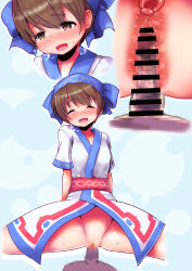 Rule 34 | 1boy, 1girl, blush, bottomless, breasts, brown hair, censored, closed eyes, cowgirl position, girl on top, hair ribbon, happy, happy sex, highres, legs, naughty face, open mouth, penis, pointless censoring, pov, pussy, ribbon, rimururu, samurai spirits, short hair, small breasts, smile, snk, spread legs, straddling, thighs, x-ray