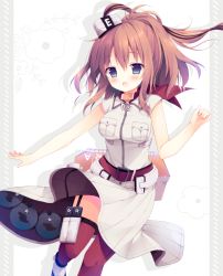 Rule 34 | 10s, 1girl, :d, belt, blue eyes, blush, breasts, brown hair, commentary, dress, floral background, garter straps, grey dress, hair between eyes, hand up, holster, izumiyuhina, kantai collection, knee up, large breasts, looking at viewer, neckerchief, open mouth, pocket, red thighhighs, saratoga (kancolle), shadow, short sleeves, side ponytail, smile, solo, thigh holster, thighhighs