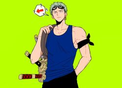 Rule 34 | 1boy, ?, arrow (symbol), bag, bandana around arm, blue tank top, closed mouth, commentary, earrings, enahr 1111, goggles, goggles on head, green background, green hair, jewelry, korean commentary, male focus, one piece, roronoa zoro, short hair, shoulder bag, simple background, solo, sword, tank top, upper body, weapon