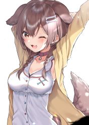 Rule 34 | 1girl, ;d, absurdres, animal ears, armpits, arms up, blush, bone hair ornament, braid, breasts, brown eyes, buta tamako, cleavage, collar, collarbone, dog ears, dog girl, dog tail, dress, fang, hair ornament, highres, hololive, inugami korone, inugami korone (1st costume), jacket, long hair, long sleeves, looking at viewer, medium breasts, one eye closed, open clothes, open jacket, open mouth, simple background, smile, solo, stretching, tail, twin braids, upper body, virtual youtuber, white background, white dress, yellow jacket
