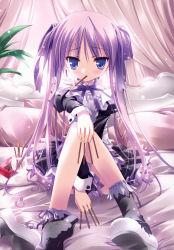 Rule 34 | 00s, 1girl, absurdres, apron, bed, bell, between fingers, between legs, black legwear, blue eyes, blush, feet, food, food in mouth, glass, hair ribbon, hand between legs, highres, hiiragi kagami, holding, image sample, light particles, lolita fashion, long hair, looking at viewer, lucky star, mouth hold, on bed, pocky, purple hair, ribbon, scan, shoes, single shoe, sitting, socks, tinker bell (pixiv 10956015), twintails, very long hair