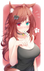 Rule 34 | 1girl, animal ear fluff, animal ears, bell, neck bell, blush, breasts, brown hair, cat ears, cat girl, cat tail, choker, cleavage, collarbone, colored eyelashes, female focus, flying sweatdrops, green eyes, heterochromia, highres, jingle bell, keke-san, large breasts, long hair, looking at viewer, original, paw pose, paw print, red eyes, simple background, solo, tail, translation request, upper body