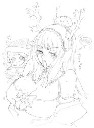 Rule 34 | 00s, alternate breast size, animal costume, blush, breasts, christmas, cleavage, embarrassed, greyscale, horns, huge breasts, kanaria, large breasts, long hair, monochrome, reindeer costume, rozen maiden, santa costume, suigintou, translation request, tsuutenkaaku