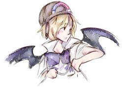 Rule 34 | 1other, androgynous, bad id, bad twitter id, bare arms, bat wings, black wings, blonde hair, brown eyes, brown helmet, collared shirt, commentary, cropped torso, english commentary, expressionless, helmet, high collar, holding, holding reins, len&#039;en, looking to the side, luo qiangwei, magnet, other focus, parted lips, purple vest, reins, shirt, short hair, short sleeves, simple background, star (symbol), star print, umatachi tsugumi, vest, white background, white shirt, white sleeves, wings