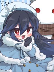 Rule 34 | 1girl, black gloves, black hair, blue hair, blush, fang, fur trim, gloves, goku fubukihime, long hair, looking at viewer, multicolored hair, open mouth, red eyes, scarf, snowman, solo, tabana, twitter username, two-tone hair, unmoving pattern, youkai (youkai watch), youkai watch