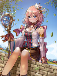 Rule 34 | 1girl, apple, bad id, bad pixiv id, bare shoulders, blue eyes, blush, bow, breasts, brick wall, brown skirt, choker, cleavage, cloud, cloudy sky, corset, day, detached sleeves, embarrassed, fantasy, food, from below, fruit, hair ornament, highres, holding, holding food, holding fruit, kentaurosu, leaf, looking at viewer, looking down, medium breasts, messy hair, original, outdoors, pink hair, ribbon, shoes, sitting, skirt, sky, solo, staff, tree, windmill