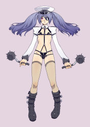 Rule 34 | 1girl, bad id, bad pixiv id, black footwear, blue hair, blush, dual wielding, eyepatch, fingernails, fishnets, hat, holding, holding weapon, long hair, navel, nbo, o-ring, original, parted lips, pink eyes, short eyebrows, simple background, solo, twintails, weapon, white hat