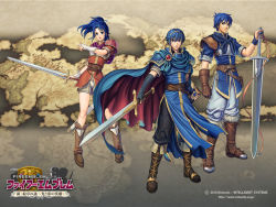 Rule 34 | 1girl, 2boys, blue eyes, blue hair, copyright name, fire emblem, fire emblem: mystery of the emblem, full body, kris (fire emblem), long hair, marth (fire emblem), multiple boys, nintendo, ponytail, standing, sword, weapon