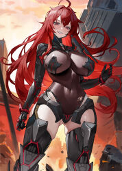 Rule 34 | 1girl, absurdres, ahoge, arm armor, armor, armored boots, armored leotard, blush, bodystocking, boobplate, boots, breastplate, breasts, cleavage, commentary, covered navel, floating hair, gluteal fold, goddess of victory: nikke, grin, hair between eyes, hair intakes, highres, large breasts, long hair, looking at viewer, nihilister (nikke), orange sky, outdoors, red eyes, red hair, sama (sama24654684), see-through, see-through cleavage, sidelocks, skindentation, sky, smile, solo, standing, teeth, torn bodystocking, torn clothes