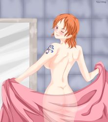Rule 34 | 1girl, ass, backboob, beckoning, breasts, curvy, facu10mag, flashing, highres, huge ass, large breasts, nami (one piece), nude, one piece, orange hair, see-through, short hair, tattoo, towel, wide hips