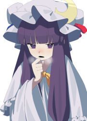 Rule 34 | 1girl, blunt bangs, blush, bow, bowtie, breath, capelet, clenched hand, crescent, crescent hat ornament, dress, frilled capelet, frills, hand up, hat, hat ornament, heavy breathing, highres, long hair, looking at viewer, mob cap, nanashi nasi, open mouth, patchouli knowledge, purple hair, sidelocks, simple background, solo, touhou, upper body, white background, white capelet, white dress, white hat, wide sleeves, yellow bow, yellow bowtie