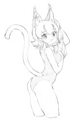 Rule 34 | 1girl, :3, absurdres, alternate costume, animal ear fluff, animal ears, arm between breasts, arm up, ass, bad id, bad pixiv id, between breasts, breasts, caracal (kemono friends), clenched hand, cowboy shot, cropped legs, drying, drying hair, extra ears, from side, greyscale, hair between eyes, hand up, highres, holding, holding towel, kemono friends, kona ming, looking at viewer, looking to the side, medium breasts, monochrome, one-piece swimsuit, open mouth, short hair, sidelocks, simple background, sketch, smile, solo, swimsuit, tail, tail raised, thick thighs, thighs, towel, wet, white background