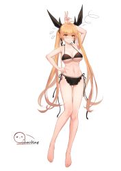 Rule 34 | 1girl, ark order, arm up, armpits, bare arms, bare legs, bare shoulders, barefoot, bikini, black bikini, black ribbon, blonde hair, breasts, cleavage, collarbone, flying sweatdrops, full body, hair ribbon, halterneck, halterneck, hand on own hip, highres, large breasts, long hair, long legs, looking at viewer, navel, orange eyes, ribbon, side-tie bikini bottom, simple background, solo, squiggle, swimsuit, thighs, twintails, v, very long hair, white background, you ni ge shaobing