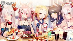 Rule 34 | 5girls, :d, ;), ^ ^, ahoge, animal ear fluff, animal ears, ariake (azur lane), asagi yuna, azur lane, bare shoulders, bell, bird, black hair, blonde hair, blush, breasts, cat ears, chick, closed eyes, collarbone, cup, eating, fang, fangs, feeding, food, hair between eyes, hair ornament, hair ribbon, hair rings, hairband, hatsushimo (azur lane), highres, holding, holding cup, holding food, japanese clothes, jingle bell, laffey (azur lane), long hair, looking at viewer, manjuu (azur lane), multiple girls, off-shoulder shirt, off shoulder, official art, one eye closed, open mouth, pink hair, pinky out, pizza, pointing, rabbit ears, red eyes, ribbon, shirt, short hair, silver hair, sitting, small breasts, smile, twintails, two side up, vampire (azur lane), yellow eyes, yuugure (azur lane)