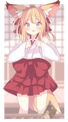 Rule 34 | 1girl, :d, @ @, animal ear fluff, animal ears, bare shoulders, blonde hair, blue eyes, blurry, blurry background, blush, bow, commentary request, daidai ookami, depth of field, detached sleeves, feet out of frame, fox ears, fox girl, fox tail, hair between eyes, hair ribbon, hakama, hakama short skirt, hakama skirt, highres, japanese clothes, kimono, long sleeves, miko, open mouth, original, red bow, red hakama, red ribbon, ribbon, skirt, sleeveless, sleeveless kimono, smile, solo, standing, tail, white kimono, white sleeves, wide sleeves