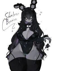 Rule 34 | 1girl, ahoge, black fur, black hair, black nails, black sclera, bow, bowtie, breasts, cleavage, colored sclera, english text, five nights at freddy&#039;s, five nights at freddy&#039;s 2, furry, furry female, highres, huge breasts, leotard, long hair, looking at viewer, monochrome, multicolored hair, playboy bunny, purple hair, rabbit, rabbit ears, rabbit girl, robot, shadow bonnie, solo, thick thighs, thighhighs, thighs, togetoge, white eyes, wide hips