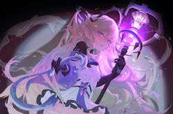 Rule 34 | 1girl, absurdres, arknights, atomicxx, black gloves, blonde hair, breasts, chinese commentary, closed mouth, cowboy shot, dark background, dress, expressionless, flower, gloves, highres, holding, holding staff, id card, indigo (arknights), lily (flower), long hair, looking at viewer, no panties, pointy ears, purple eyes, purple theme, sidelocks, small breasts, solo, splashing, staff, test tube, upper body, white dress, white flower