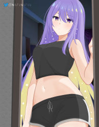 Rule 34 | 1girl, absurdres, bedroom, black tank top, blush, breasts, cleavage, highres, hololive, hololive indonesia, indoors, long hair, looking at viewer, lying, medium breasts, moona hoshinova, nafunafuu, navel, on back, purple eyes, purple hair, resolution mismatch, self-upload, shorts, solo, source smaller, tank top, virtual youtuber