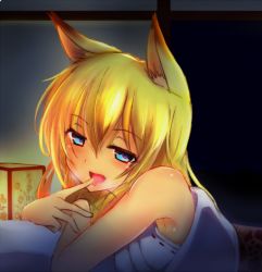 Rule 34 | 1girl, :d, animal ears, armpits, bare shoulders, blanket, blonde hair, blue eyes, blush, fang, finger to mouth, fox ears, fujikusa, hair between eyes, heart, heart-shaped pupils, heavy breathing, japanese clothes, long hair, looking at viewer, lying, night, night sky, on bed, on stomach, open mouth, original, pillow, sky, sleeveless, smile, solo, symbol-shaped pupils, tongue, tongue out, under covers