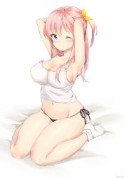 Rule 34 | 1girl, ;), armpits, arms behind head, arms up, aymusk, bare shoulders, bed sheet, black panties, blue eyes, blush, breasts, cleavage, closed mouth, collarbone, commentary request, crop top, groin, hair between eyes, hair ribbon, highres, large breasts, long hair, looking at viewer, navel, on bed, one eye closed, original, panties, ribbon, shirt, side-tie panties, sidelocks, sitting, sleeveless, smile, socks, solo, stomach, tank top, underwear, wariza, white background, white shirt, white socks, yellow ribbon