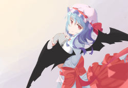 Rule 34 | 1girl, alternate hair length, alternate hairstyle, blue hair, bow, closed mouth, commentary, cowboy shot, demon wings, dress, fingernails, frilled dress, frills, from behind, gradient background, hands up, hat, hat ribbon, holding, holding skull, long hair, looking at viewer, looking back, mob cap, nail polish, red bow, red eyes, red nails, red ribbon, remilia scarlet, ribbon, short sleeves, simple background, skull, smile, solo, split mouth, touhou, waist bow, white dress, white hat, wings, yongji