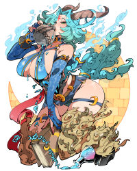 1girl animal_legs aqua_hair aqua_tail blue_gloves book breasts cleavage crescent drinking elbow_gloves facial_mark forehead_mark gloves green_eyes hand_up holding holding_book holding_jug horns kafun large_breasts looking_at_viewer original partially_fingerless_gloves skindentation solo tail thigh_strap