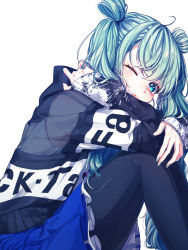 Rule 34 | 1girl, ;3, ahoge, aqua eyes, aqua hair, aqua nails, bad id, bad pixiv id, black pantyhose, blue eyes, blue skirt, clothes writing, double bun, feet out of frame, from side, green hair, hair bun, hand in own hair, hatsune miku, head rest, highres, homi, hood, hood down, hoodie, knees up, long hair, long sleeves, looking at viewer, nail polish, one eye closed, pantyhose, petticoat, pleated skirt, print hoodie, project sekai, simple background, sitting, skirt, solo, splatter, twintails, vivid bad squad miku, vocaloid, white background