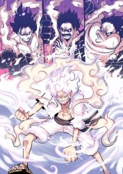 Rule 34 | 1boy, clenched hands, cross scar, fighting stance, gear fifth, gear fourth, glowing, glowing hair, highres, kenron toqueen, looking at viewer, monkey d. luffy, multiple persona, one piece, open clothes, sandals, sash, scar, scar on chest, shorts, smile, spoilers, thick eyebrows, white hair