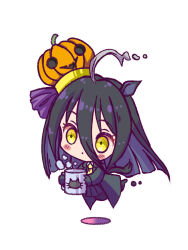 Rule 34 | ahoge, animal ears, azumaki-shippo, black gloves, black hair, black jacket, blush stickers, chibi, closed mouth, coffee mug, commentary request, cup, dot mouth, floating hair, ghost, gloves, highres, holding, holding cup, horse ears, horse girl, horse tail, jacket, long hair, long sleeves, manhattan cafe (umamusume), mug, multicolored hair, open clothes, open jacket, simple background, streaked hair, tail, tilted headwear, umamusume, white background, white hair, yellow eyes