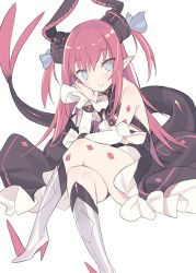 Rule 34 | 10s, 1girl, arm support, armored boots, bare shoulders, black dress, blade (galaxist), blue eyes, blue ribbon, blush, boots, closed mouth, crossed legs, curled horns, detached sleeves, dragon girl, dragon horns, dragon tail, dress, elizabeth bathory (fate), elizabeth bathory (fate/extra ccc), elizabeth bathory (first ascension) (fate), fate/extra, fate/extra ccc, fate (series), frilled dress, frills, hair between eyes, hair ribbon, head tilt, horns, knee boots, long hair, long sleeves, looking at viewer, red hair, ribbon, sitting, smile, solo, spiked boots, spikes, tail, two side up, very long hair, white footwear