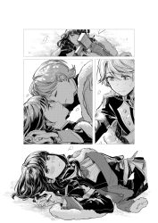 Rule 34 | 2girls, blush, chinese commentary, closed mouth, commentary request, epaulettes, closed eyes, falling petals, greyscale, hanayagi kaoruko, highres, imminent kiss, isurugi futaba, jiaochunhaochi, long hair, long sleeves, looking at another, looking at viewer, lying, military, military vehicle, monochrome, multiple girls, on back, on ground, petals, sash, short hair, shoujo kageki revue starlight, yuri