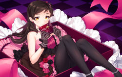 Rule 34 | 1girl, anklet, black pantyhose, box, brown hair, checkered floor, dress, earrings, gift, gift box, gloves, grey gloves, hair over shoulder, holding, holding box, idolmaster, idolmaster million live!, idolmaster million live! theater days, jewelry, kitazawa shiho, long hair, looking at viewer, open mouth, pantyhose, solo, strapless, strapless dress, touon, yellow eyes