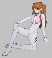 Rule 34 | 1girl, artist request, blue eyes, breasts, brown hair, evangelion: 3.0+1.0 thrice upon a time, eyepatch, full body, highres, long hair, looking at viewer, medium breasts, neon genesis evangelion, plugsuit, rebuild of evangelion, simple background, sitting, solo, souryuu asuka langley, twintails