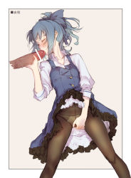 Rule 34 | 1girl, alice gear aegis, bar censor, blue bow, blue hair, blush, border, bow, bow panties, branch (blackrabbits), censored, clothes lift, collared shirt, commentary request, disembodied penis, dress, dress lift, erection, closed eyes, feet out of frame, fellatio, female masturbation, fingering, fingering through clothes, fingering through panties, frilled dress, frills, hair bow, high ponytail, highres, long hair, lying, masturbation, on back, oral, panties, pantyhose, penis, ponytail, shirt, sidelocks, sleeves rolled up, solo focus, takanashi rei, through clothes, underwear, white border