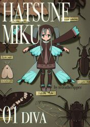 Rule 34 | 1girl, artist name, blue hair, blue wings, brown dress, brown headwear, brown necktie, bug, bug miku (project voltage), character name, creatures (company), dress, english text, expressionless, eyeshadow, framed insect, full body, game freak, green eyes, grey eyeshadow, hair between eyes, hair through headwear, hatsune miku, highres, insect wings, long hair, long sleeves, looking at viewer, makeup, necktie, nintendo, pantyhose, pinned, pokemon, project voltage, shoes, solo, tetra (tetratheripper), twintails, vocaloid, wings