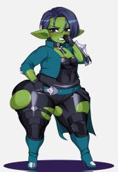 Rule 34 | 1girl, black eyes, black hair, breasts, colored skin, female focus, female goblin, goblin, green skin, grey background, highres, pointy ears, shadow, shortstack, small breasts, solo, standing, strongmoist, thick thighs, thighs, torn clothes, wide hips