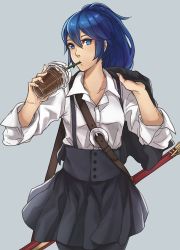 Rule 34 | 1girl, alternate costume, blue eyes, blue hair, contemporary, fire emblem, fire emblem awakening, kamu (kamuuei), long hair, looking at viewer, lucina (fire emblem), nintendo, ponytail, simple background, smile, solo, sword, weapon, white background
